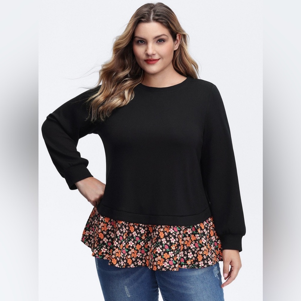 BloomChic Black Long-Sleeve Top with Floral Ruffle Hem